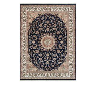 Navy Ivory Medallion High Quality Hand Knotted Persian Design Indo Nain Tabriz Wool Silk Rug