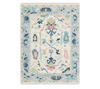 Neutral Look Ivory Blue Handmade Decorative Turkish Style Oushak Wool Rug
