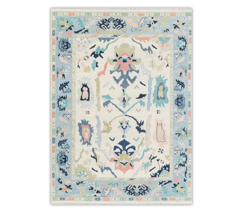 Neutral Look Ivory Blue Handmade Decorative Turkish Style Oushak Wool Rug