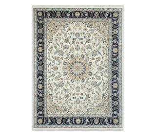 New Decorative Persian Medallion Indo Nain Ivory Navy High Quality Hand Knotted Wool Silk Rug