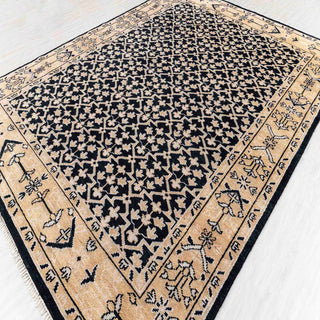 Oriental Indian hand-knotted rug with dense floral lattice motif in black and gold tones, large 9x12.