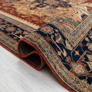 Oriental hand-knotted Heriz area rug in rust, navy, ivory and teal with large medallion, ideal 8x10 living room size
