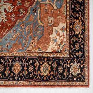 Oriental hand-knotted wool Heriz rug in rust field with blue spandrels and dark border, classic 8x10 living room size.