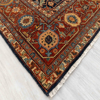 Oriental hand-knotted wool rug in navy and rust with beige highlights, all size ideal for bedrooms, studies, or small lounges