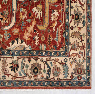 Oriental hand-knotted wool rug in rust with ivory and blue floral border, 8x10 carpet ideal for large spaces