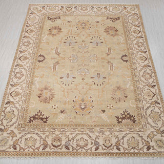 Oushak-style hand-knotted rug in beige, taupe, cream with large floral design, 10x14