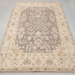 Oushak-style hand-knotted rug in grey, ivory, beige with floral medallion design, 10x14.