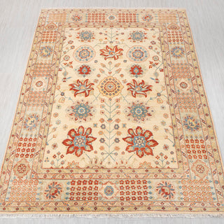 Oushak-style hand-knotted rug in ivory, coral, blue with floral medallion design, 8x10
