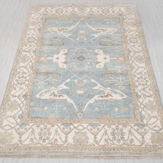 Oushak-style hand-knotted rug in sky blue, ivory, beige with large floral design, 8x10