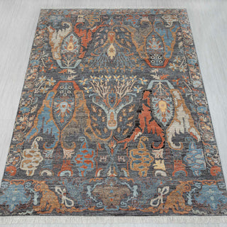 Oushak-style hand-knotted rug in teal gray rust with Tree of Life design. 8x10 ft wool area rug bedroom durable.