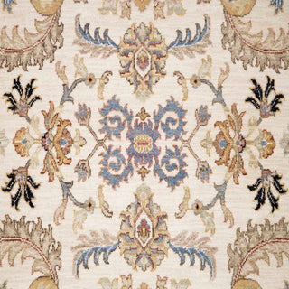 Oushak-style hand-knotted rug with classic floral motifs in ivory, sky blue, beige, and gold, room-size 8x10.