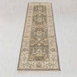 Oushak-style hand-knotted runner in sage, beige, cream with floral pattern design, 2.6x8.