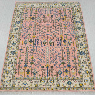 Oushak hand-knotted rug in blush pink and ivory with vertical garden floral design, 9x12.