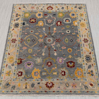Oushak hand-knotted rug in grey, beige, multicolor with floral design, 8x10 ft