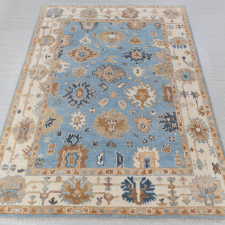 Oushak hand-knotted rug in light blue, ivory, beige with scattered floral medallion design, 9x12.