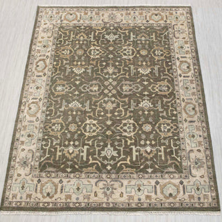 Oushak hand-knotted rug in olive green, ivory, taupe with allover floral lattice design, 8x10.