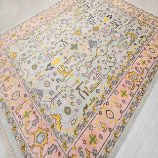 Oushak hand-knotted rug in pastel pink, mint, grey with geometric floral design, 8x10 ft