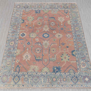 Oushak hand-knotted rug in peach and soft blue with geometric floral design, 8x10 ft.