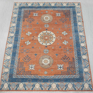 Oushak hand-knotted rug in rust and blue with geometric medallion design, large 10x14 size.