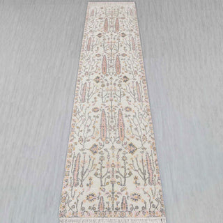 Oushak hand-knotted runner in ivory, blush, gray with floral vine design, 2.5x10 hallway size.