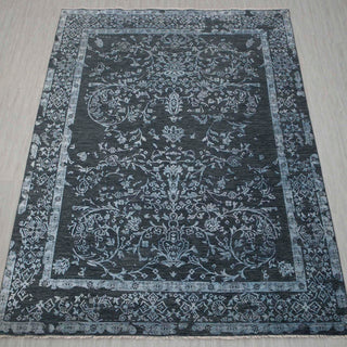 Overdyed hand-knotted rug in charcoal gray ivory with arabesque floral design. 8x10 ft wool area rug