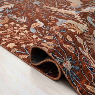 Persian-style bird-and-tree hand-knotted rug with paradise garden motifs in cocoa, teal, cream, 9x12