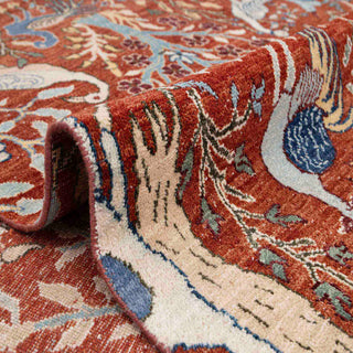 Persian-style garden hand-knotted rug with bird and tree of life motifs in terracotta, teal, cream, 9x12