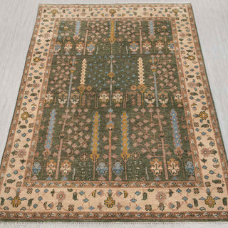 Persian-style hand-knotted rug in olive green, beige with garden floral design, 8x10
