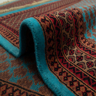 Persian-style hand-knotted rug with repeating boteh motif in teal and burgundy, 6x9 carpet
