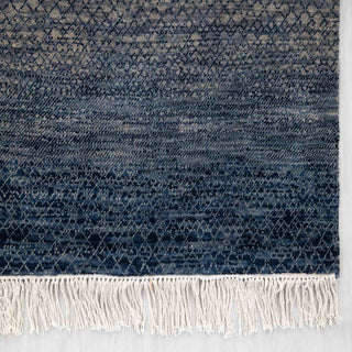 Persian Gabbeh-style hand-knotted runner with tribal diamond motif in layered navy and slate tones.