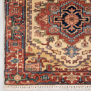 Persian Heriz-style hand-knotted runner with tribal medallion motif in ivory, brick red, dark blue.