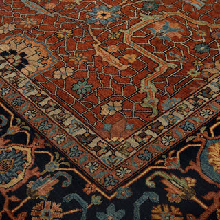 Persian Heriz-style hand-knotted rug with geometric medallion motifs in rust, blue, cream, 8x10