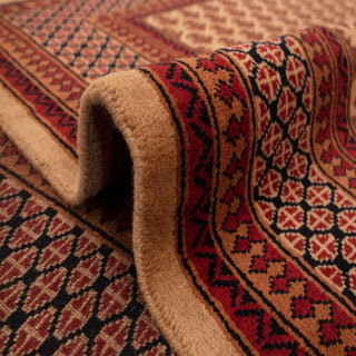 Persian/Indian Gabbeh-style hand-knotted rug with boteh motifs and diamond border in beige, rust, burgundy tones