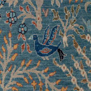 Persian Kashmiri-style hand-knotted rug with Tree-of-Life birds motif in turquoise and multicolor