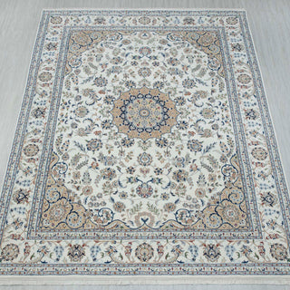 Persian hand-knotted rug in ivory, , beige with floral medallion design, 8x10 area, ivory silk carpet