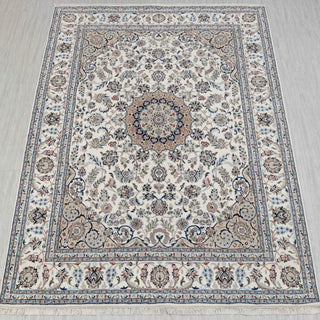 Persian hand-knotted rug in ivory, blue, beige with floral medallion design, 8x10 area