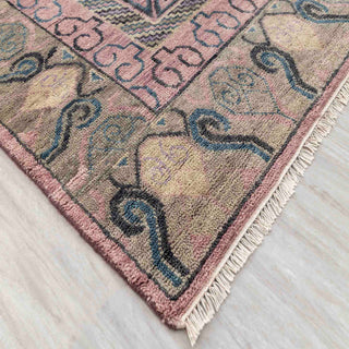 Pink medallion wool rug, large 9x12 living room carpet, soft low pile, decorative border, fringed edges