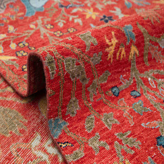 Red birds-and-garden wool rug, dense pictorial 6x9 carpet ideal for bold living rooms, bedrooms, studios