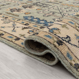 Sage green tree-of-life wool rug, symbolic floral design, soft pile 8x10 area carpet for living room