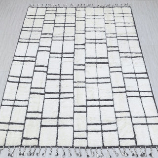 Shag hand-knotted rug in ivory and black with irregular grid pattern design, 5x8.