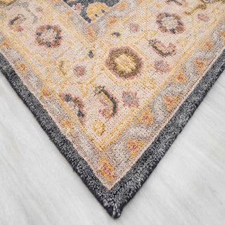 Soft wool 8x10 living room rug, charcoal field, ivory border, low pile, elegant classic carpet.