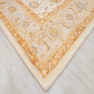 Soft wool 8x10 living room rug, low pile, ivory field, gold border, classic Oushak decorative carpet.