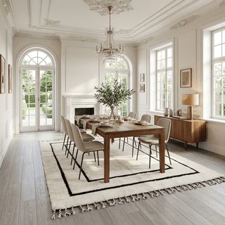 Soft wool ivory rug with black geometric lines, hand-knotted, large living room custom size rug