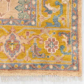 Soft wool 8x10 living room rug, golden field, colorful flowers, low pile, vintage-inspired carpet.