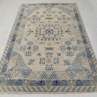 Traditional hand-knotted rug in beige, grey, blue with Oushak medallion and tribal design, 9x12.