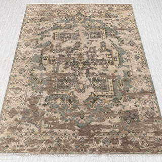 Traditional hand-knotted rug in beige, taupe, sage with muted Oushak medallion design, 9x12.