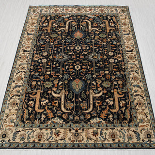 Traditional hand-knotted rug in black, ivory, and teal with intricate floral Sultanabad design, 8x10 size