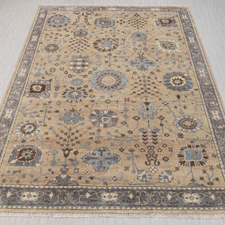 Traditional hand-knotted rug in camel beige and powder blue with allover Oushak floral design, 12x15.