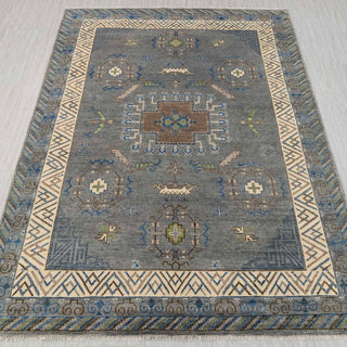 Traditional hand-knotted rug in grey, blue, ivory with Oushak medallion design, 9x12 size.