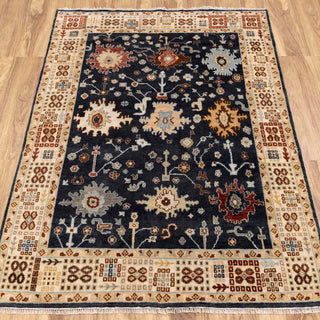 Traditional hand-knotted rug in navy, ivory, rust with Oushak floral design, 8x10 area rug